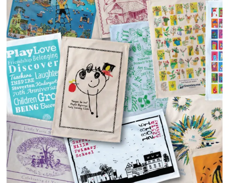 A collage of custom tea towel designs with words and drawings